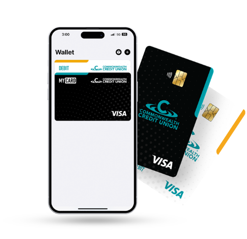 Image of mobile wallet on a phone with a My Card and Commonwealth Debit card