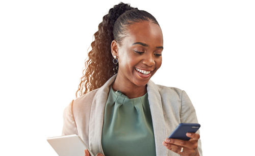 African American woman smiles at her phone