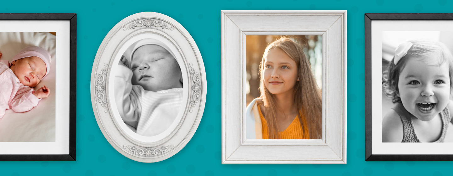 Image depicting 4 framed photos of a child as she goes through different stages of life