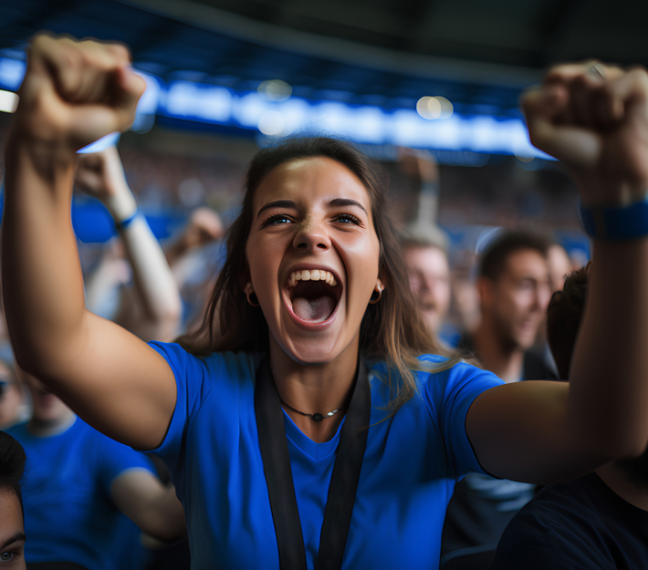 Woman cheering at a basketball game.