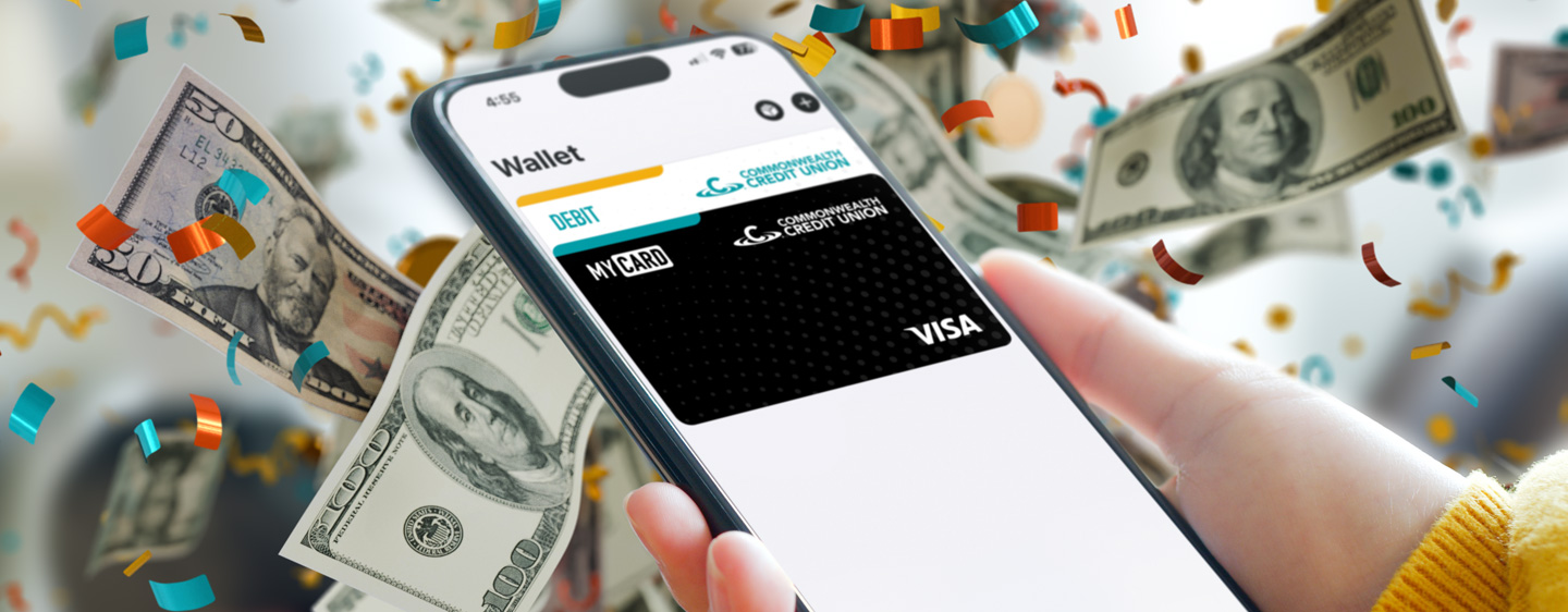 Image of someone using their mobile wallet with money floating in the background.