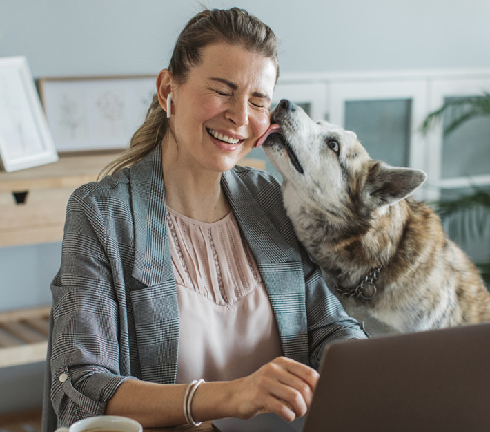 Woman working from home gets a kiss from her pet dog.