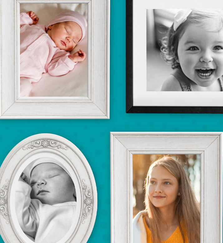Image depicting 4 framed photos of a child as she goes through different stages of life
