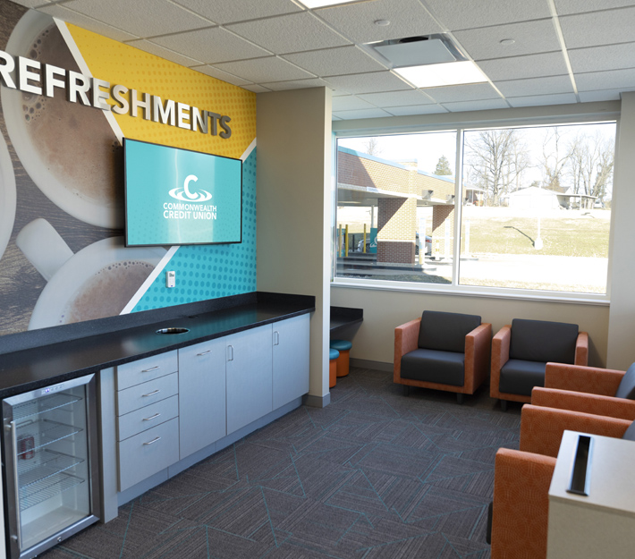 Interior shot of the Louisville Road Branch showing the refreshment section & seating