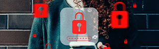 Image depicting a series of red lock graphics floating around a person in front of a wall