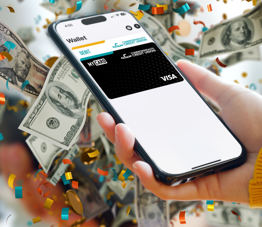 Image of someone using their mobile wallet with money floating in the background.