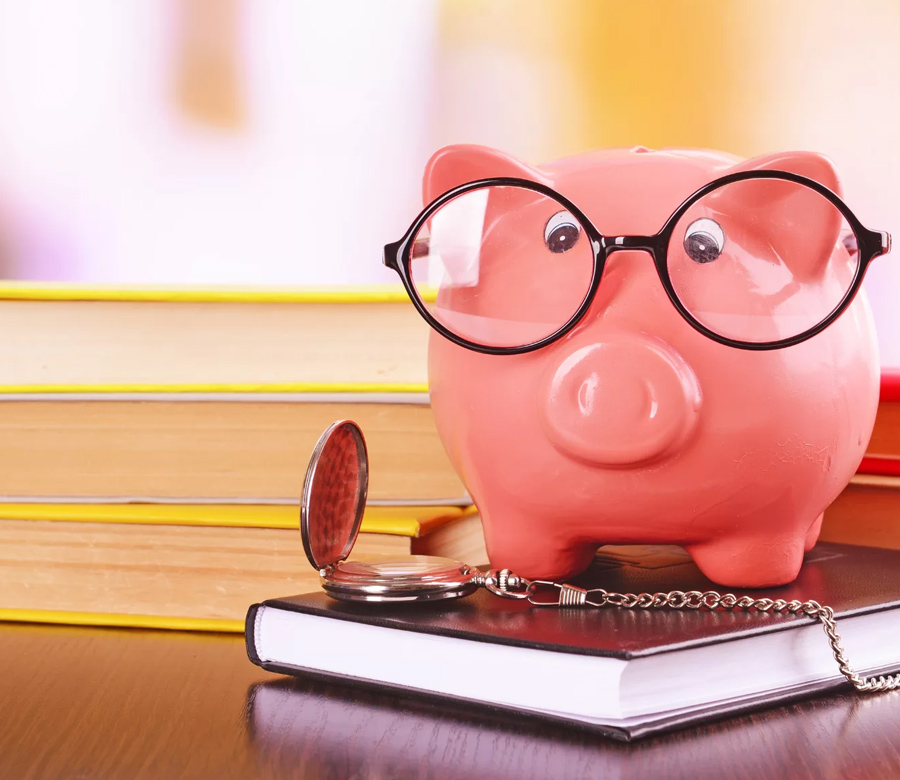 Image of a piggy bank wearing glasses and standing on top of a book 