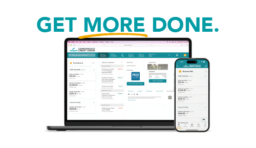 Digital Banking Upgrade on a laptop and phone updated for 2025 with Get More Done text