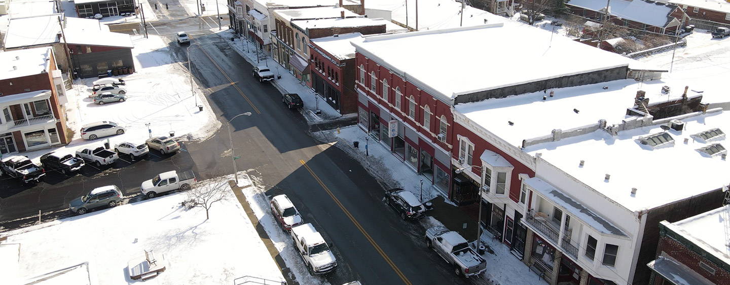 Aerial view of the city Owenton in Kentucky. Snowcovered.
