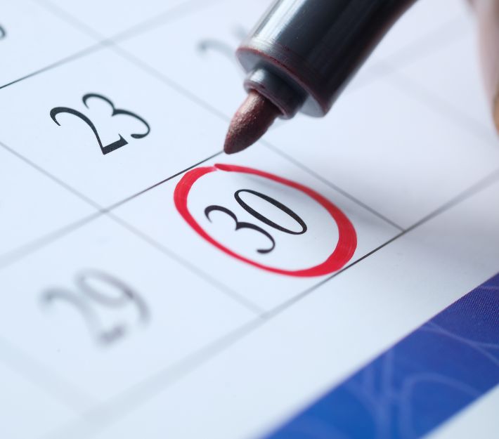 Calendar with the 30th circled.