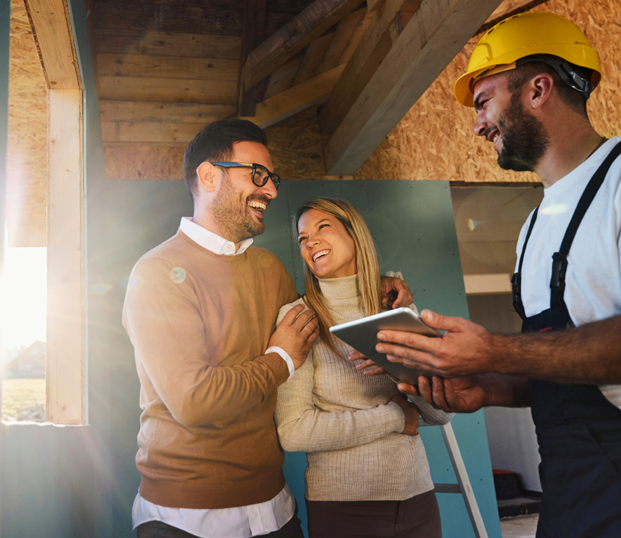 Image for Full Home Lending slider of a husband and wife speaking with a contractor