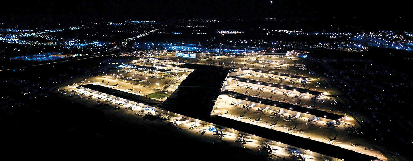 Aerial view of UPS Worldport at night.