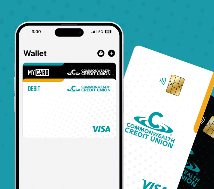 Image of phone using Mobile Wallet and two CCU cards behind it