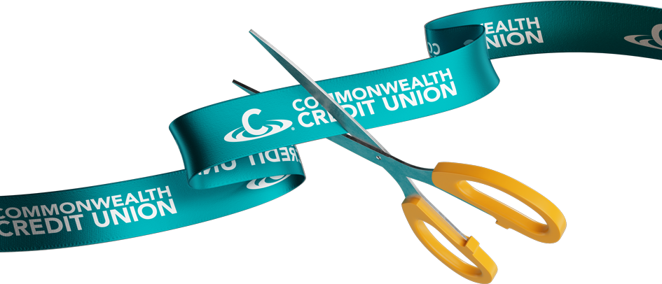 Image of a pair of scissors cutting through a ribbon that says "Commonwealth Credit Union"