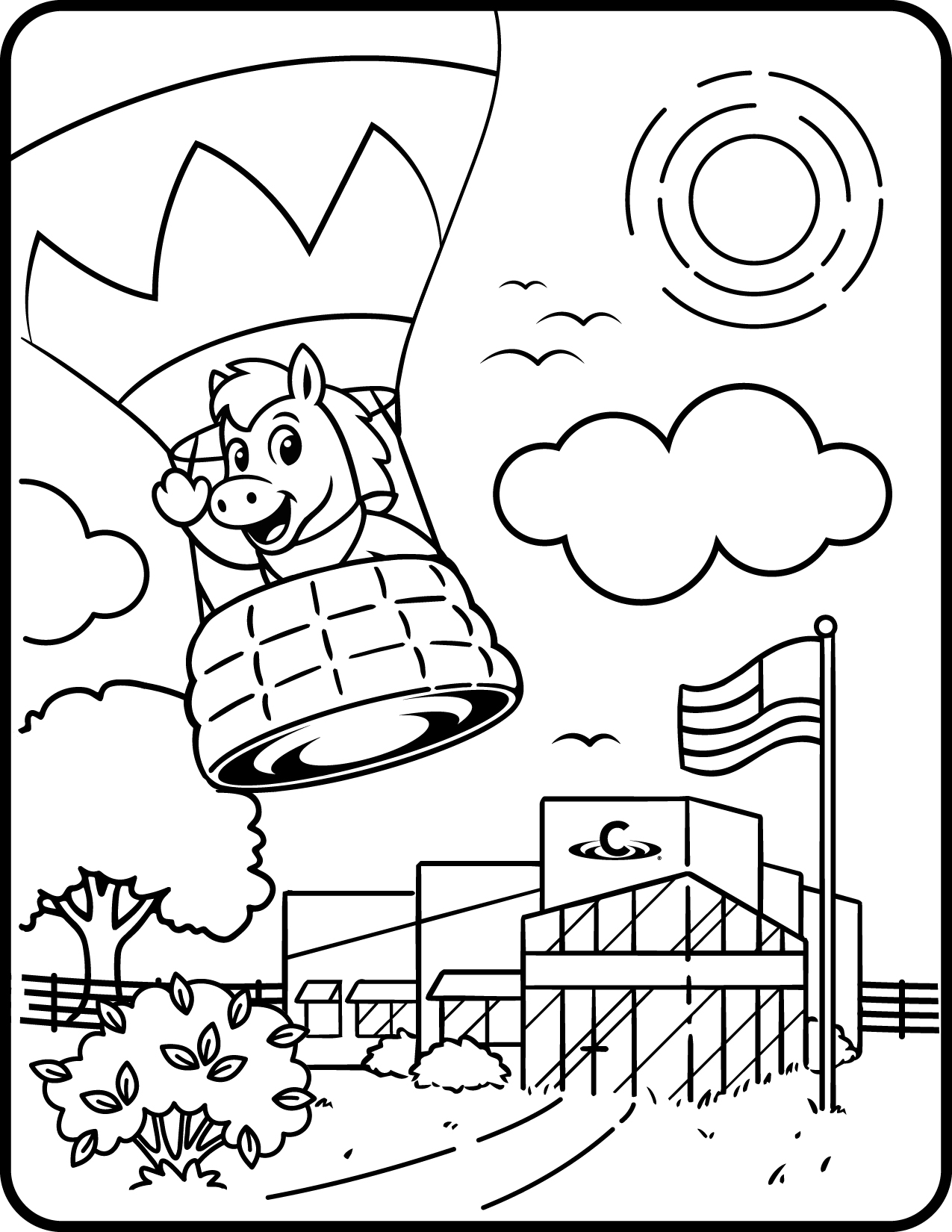 Coloring page: branch building with helicopter