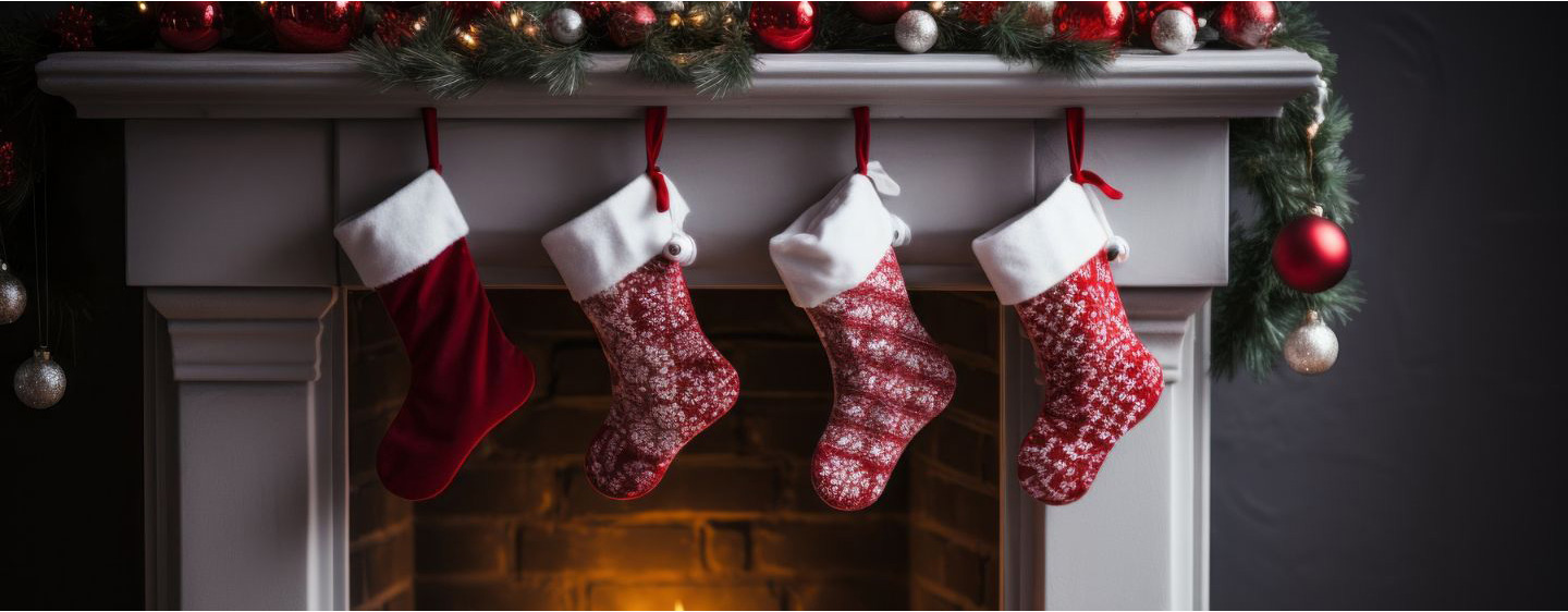 Image of four stockings hung on a fireplace for Christmas.