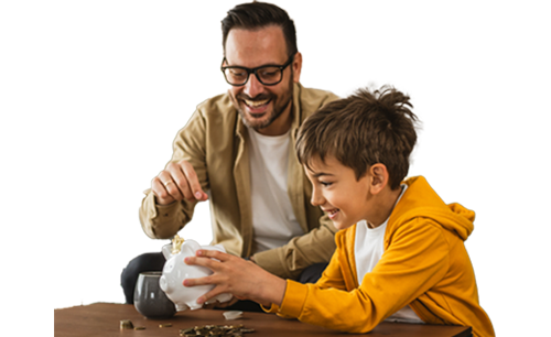 Image of a man and his son adding coins to a piggy bank 